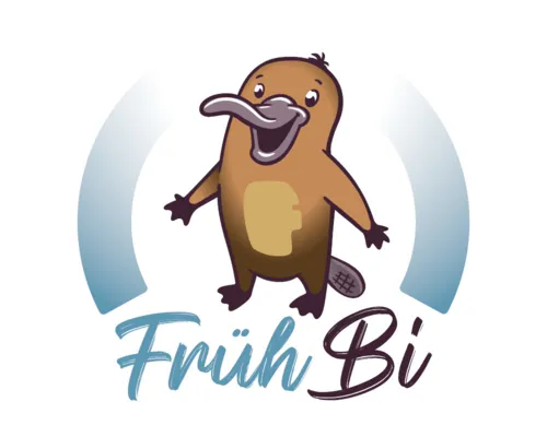 Ein gezeichnetes Tier, ähnlich einem Maulwurf. Darunter steht FrühBi